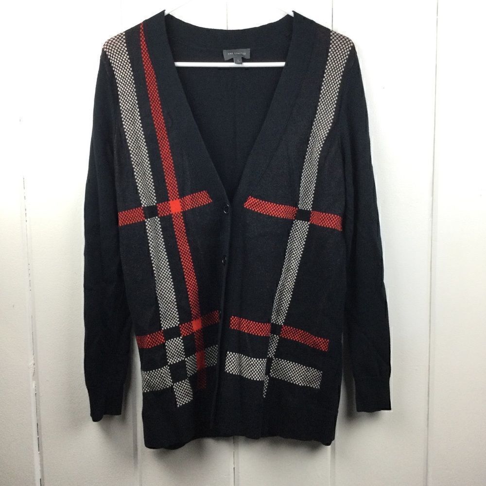 The‎ Limited Black Button Front Cardigan Sweater with Cream & Red Plaid - Small